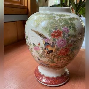 Vintage Otagiri Japan Crackled Floral & Pheasants Ginger Jar Vase - 6"T x 5"W